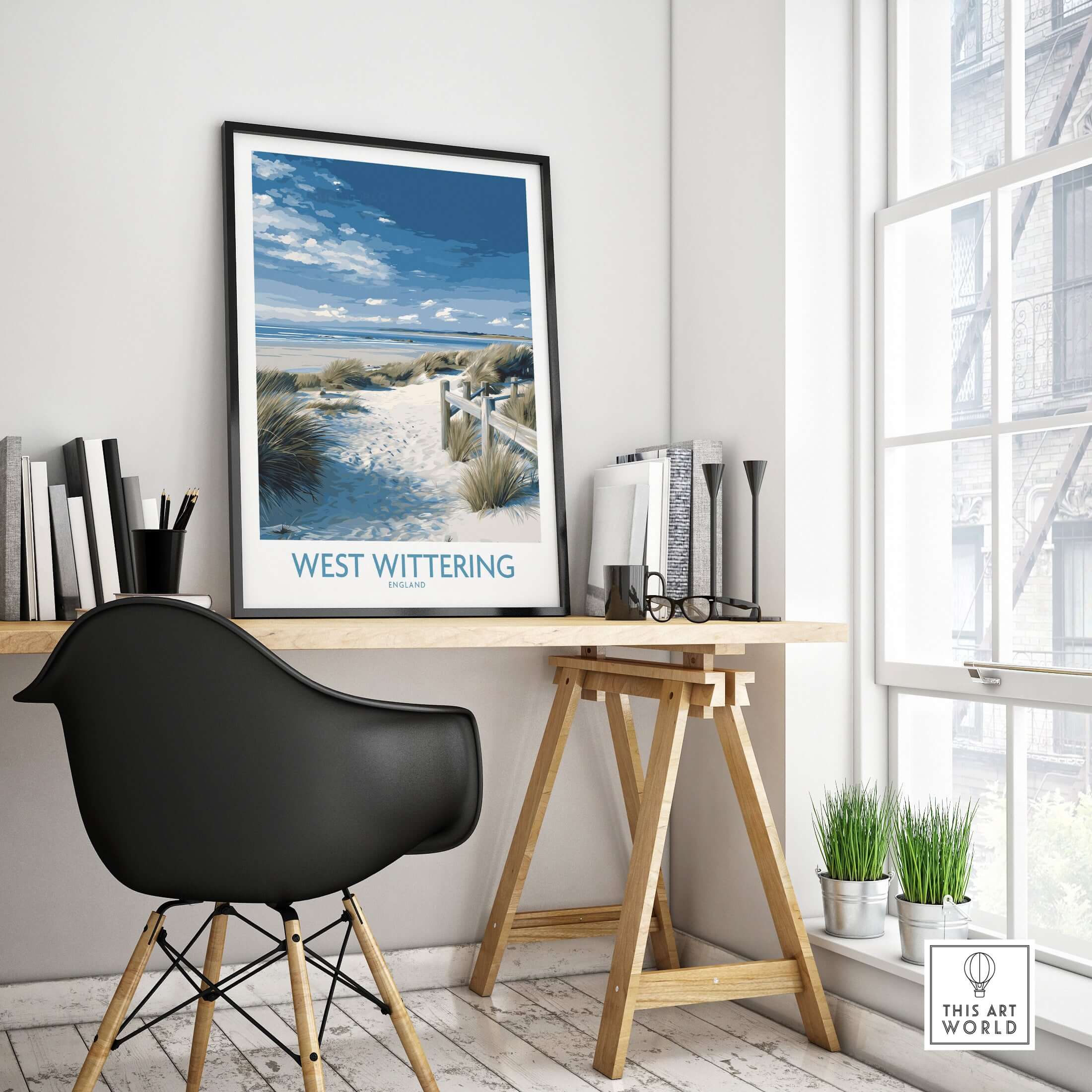 West Wittering Poster - Sussex Dunes Wall Art - English Coastal Print displayed in a modern home office setting.