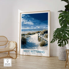 West Wittering Poster - Sussex Dunes Wall Art - English Coastal Print in a stylish interior setting.