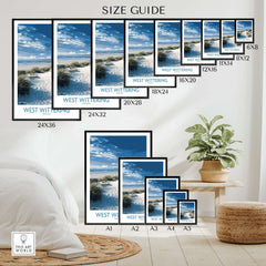 West Wittering Poster - Sussex Dunes Wall Art - English Coastal Print size guide with various dimensions.