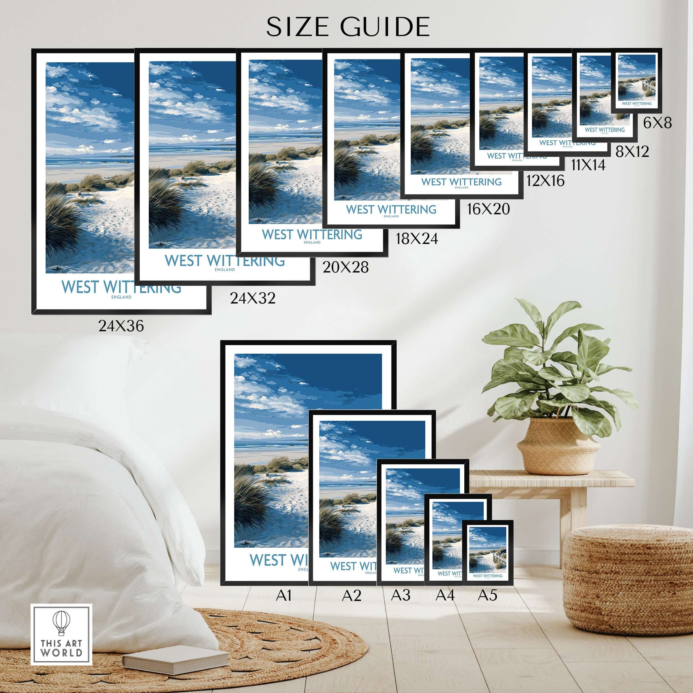 West Wittering Poster - Sussex Dunes Wall Art - English Coastal Print size guide with various dimensions.