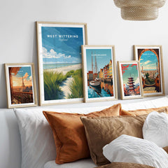 West Wittering Poster - UK Travel Print - Minimalist Coastal Home Decor displayedamongst other travel prints in a cozy living room.