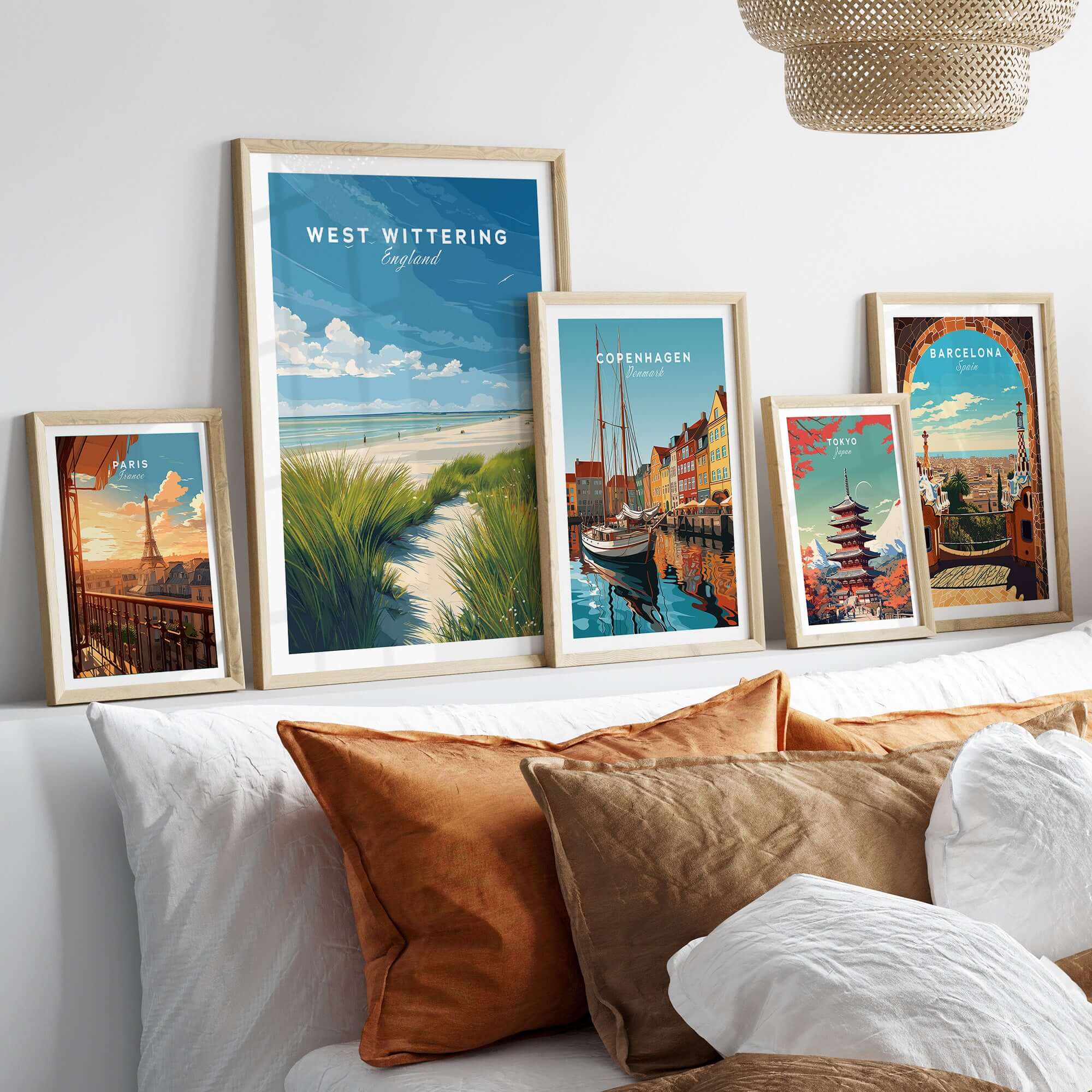 West Wittering Poster - UK Travel Print - Minimalist Coastal Home Decor displayedamongst other travel prints in a cozy living room.