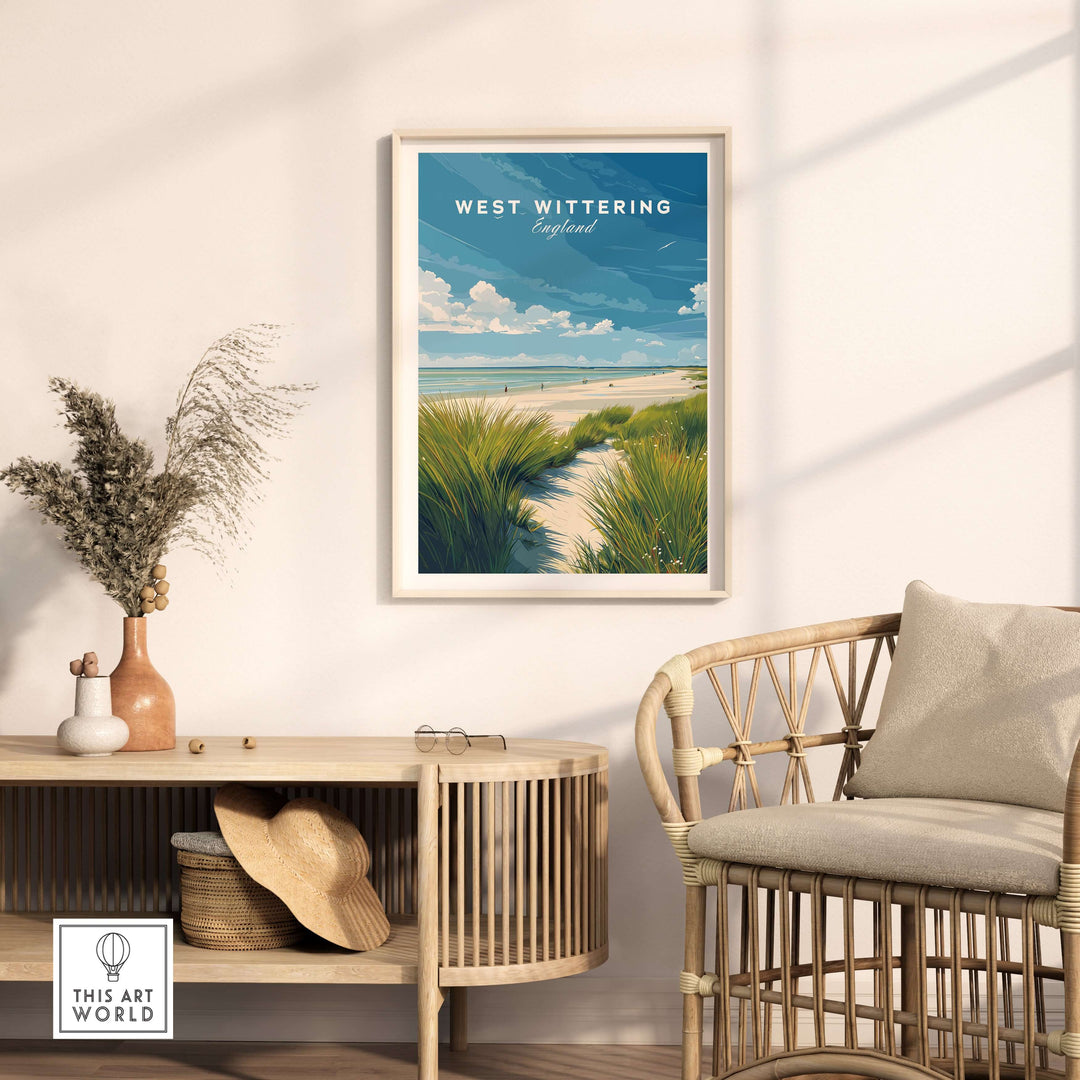 West Wittering UK travel poster framed in a minimalist coastal decor setting with natural furnishings.