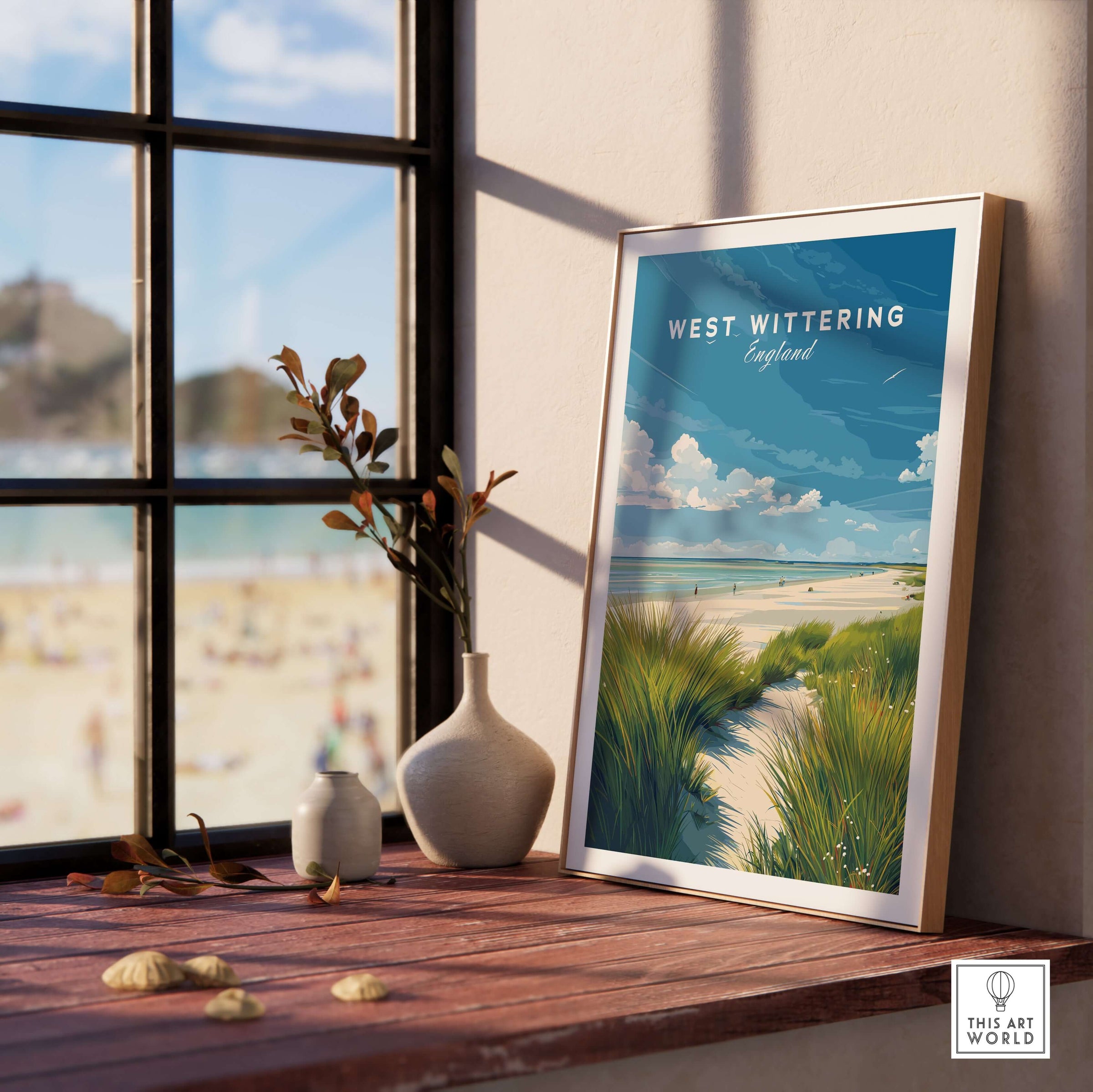 West Wittering Poster - UK Travel Print - Minimalist Coastal Home Decor displayed on a windowsill with beach view.
