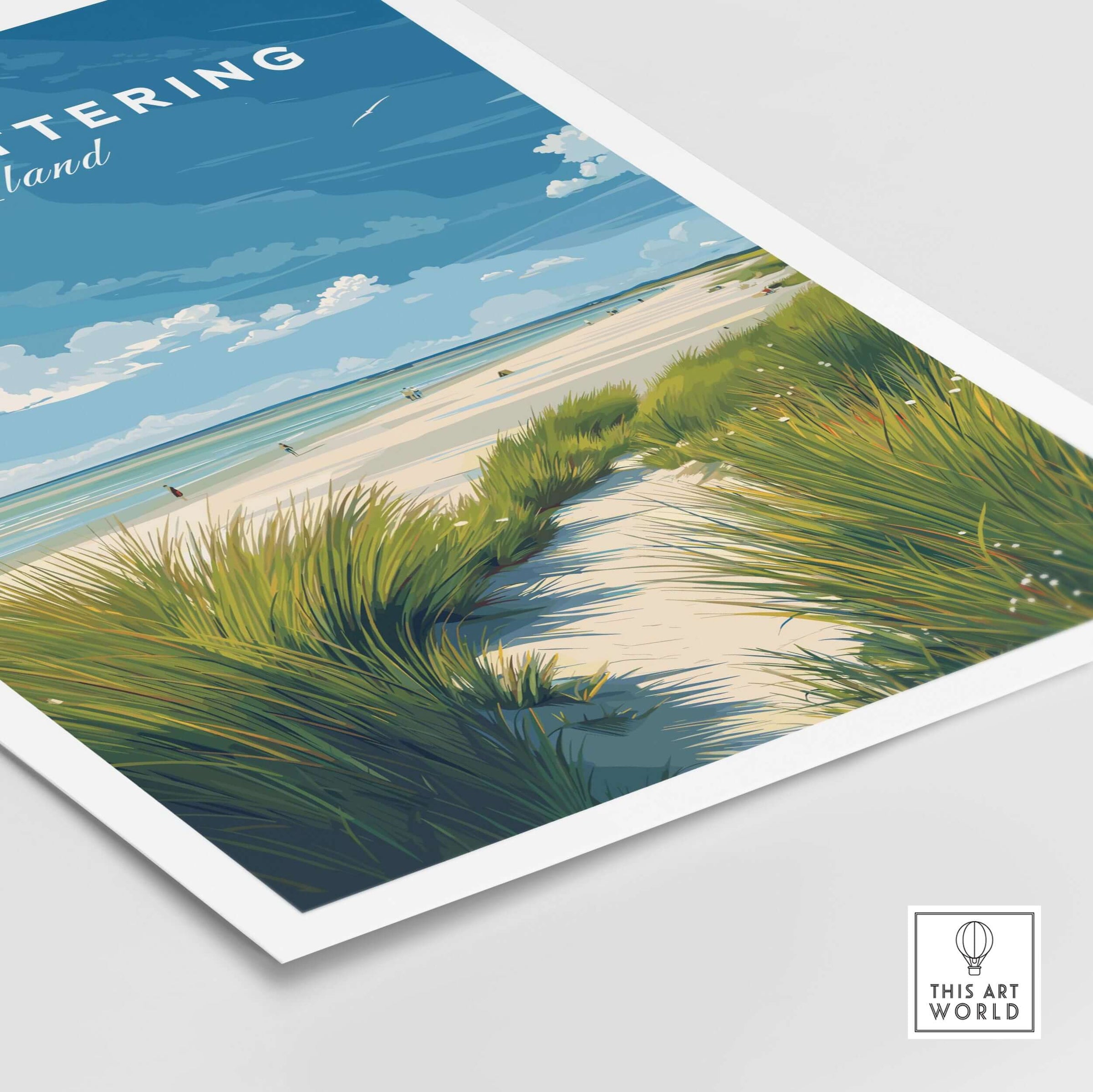 West Wittering Poster - UK Travel Print - Minimalist Coastal Home Decor featuring lush grass and serene beach.