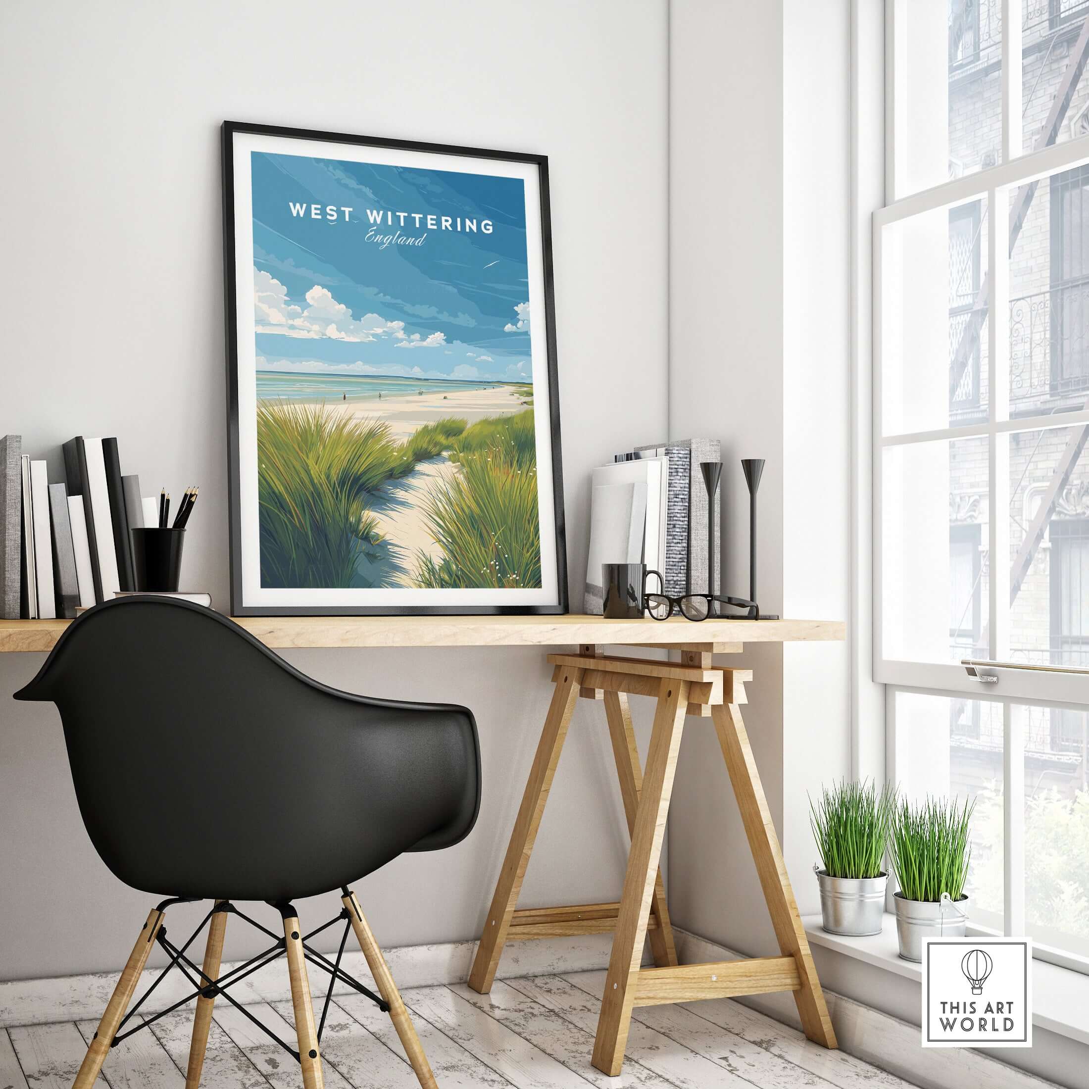 West Wittering Poster - UK Travel Print - Minimalist Coastal Home Decor featured in a modern home office setting.