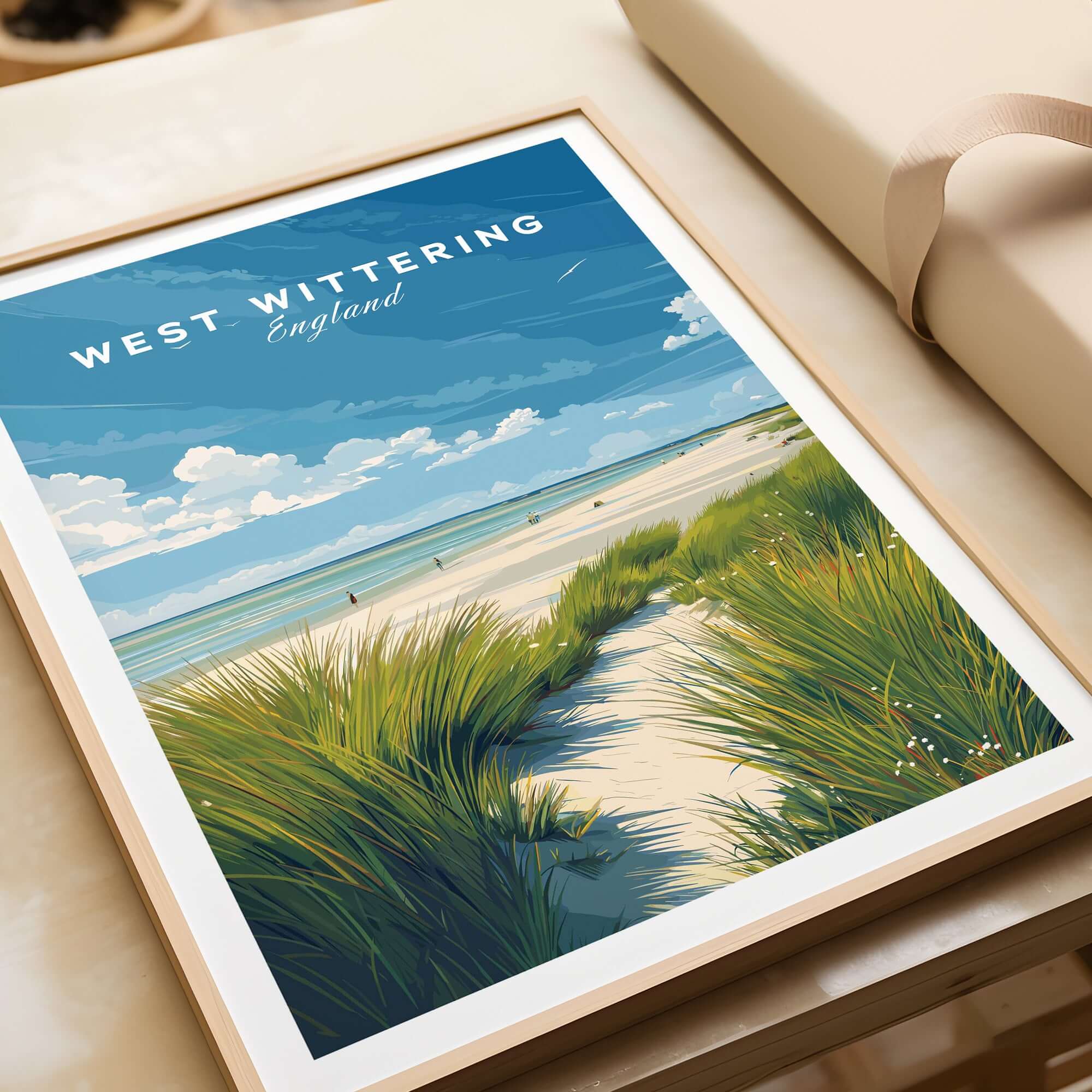 West Wittering Poster - UK Travel Print - Minimalist Coastal Home Decor showcasing a tranquil beach scene.
