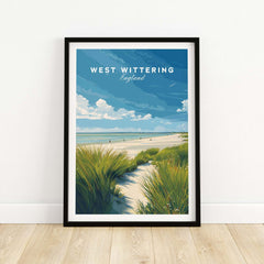West Wittering Poster - UK Travel Print - Minimalist Coastal Home Decor featuring tranquil beach and grass.