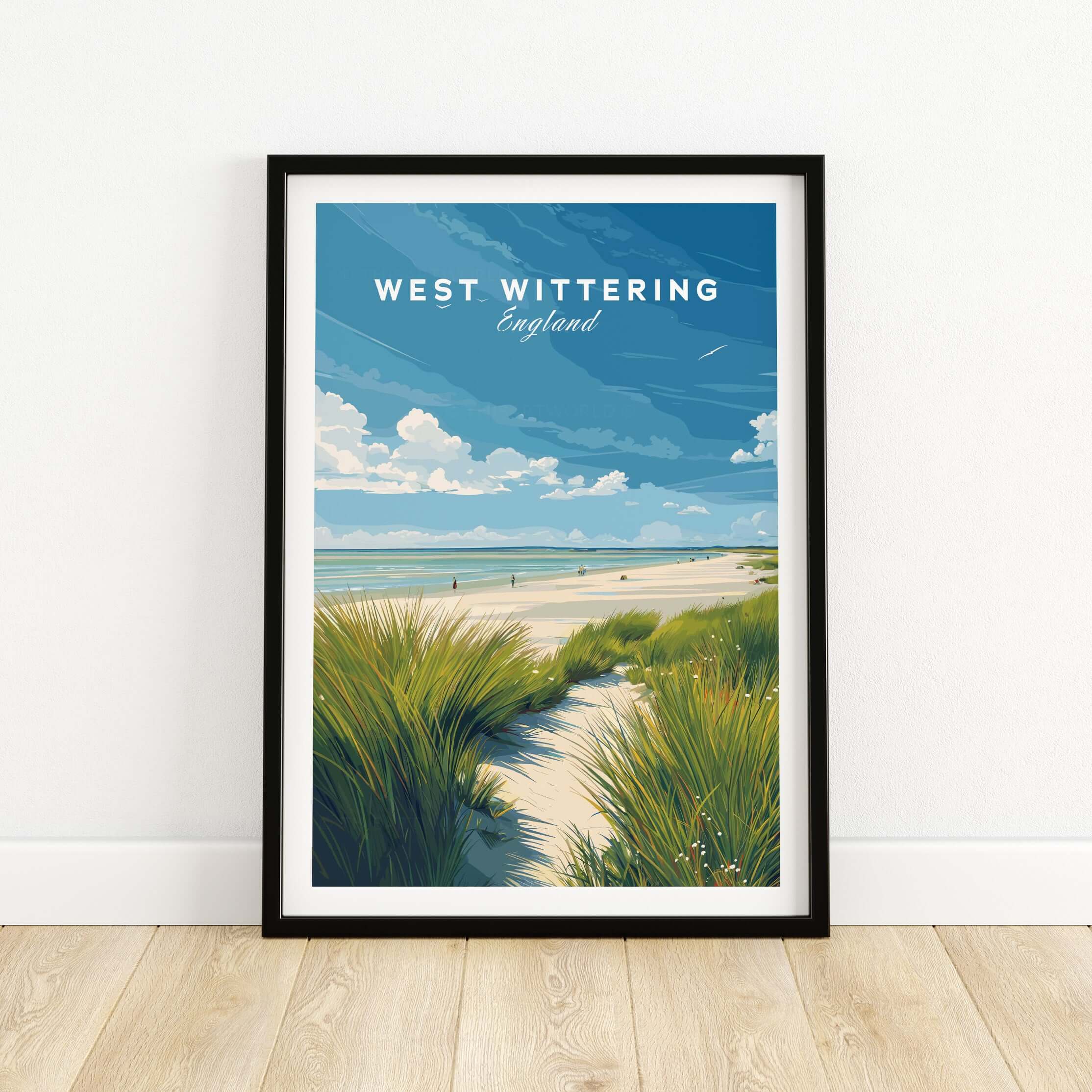 West Wittering Poster - UK Travel Print - Minimalist Coastal Home Decor featuring tranquil beach and grass.