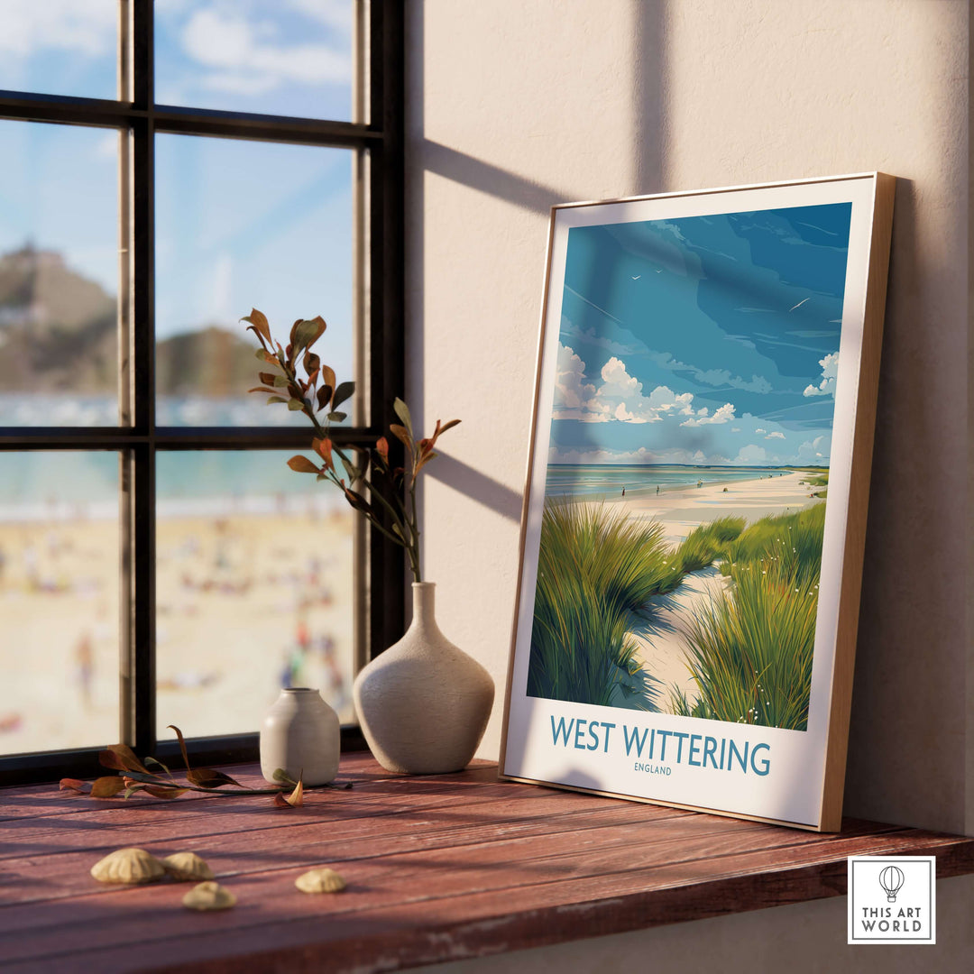 West Wittering Print featuring Sussex grass dunes in a stylish frame, enhancing coastal decor in a bright room setting.
