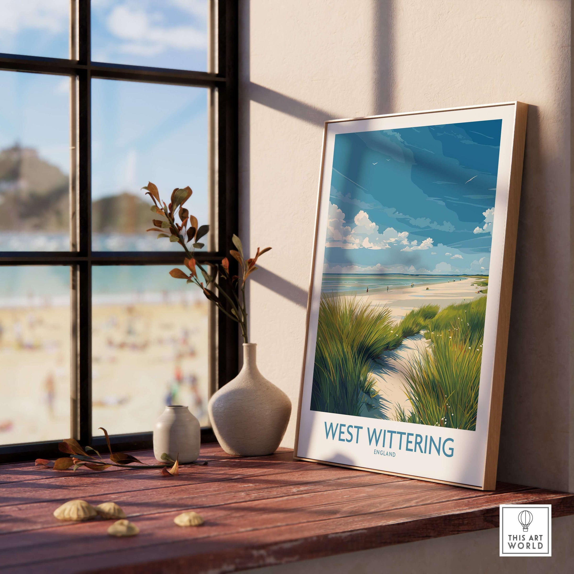 West Wittering Print - Sussex Grass Dunes Poster - English Coast Wall Art displayed beside a window.