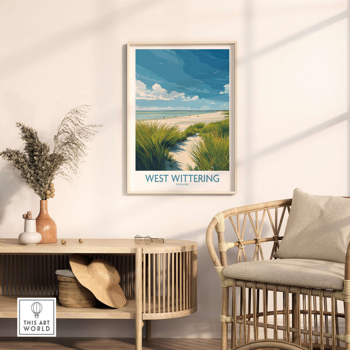 West Wittering Print featuring Sussex grass dunes in a stylish living room setting with coastal decor.