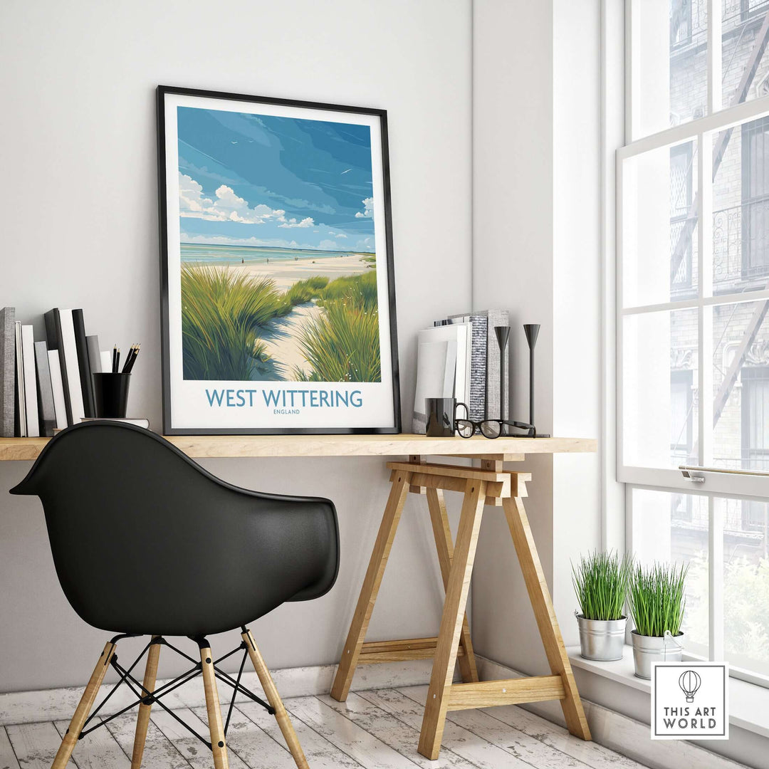 West Wittering Print featuring Sussex grass dunes, coastal wall art in a modern workspace.