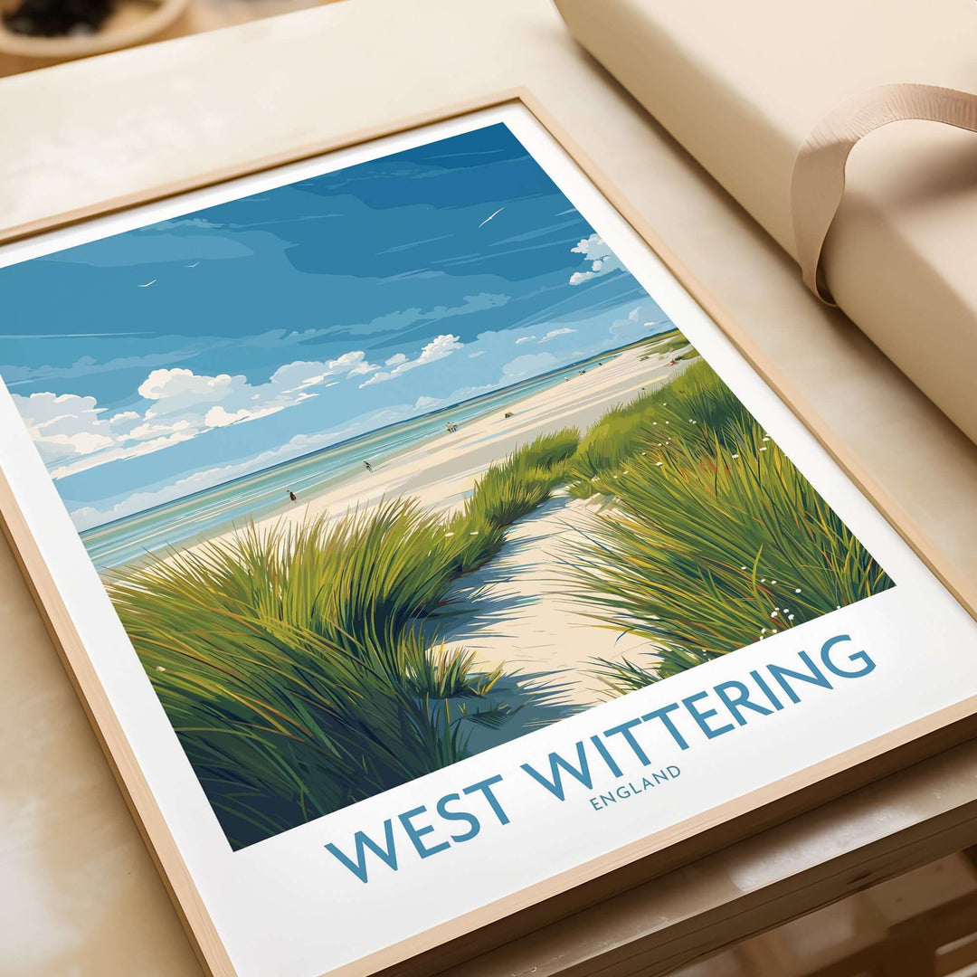 West Wittering print showcasing Sussex grass dunes and coastline in vibrant colors, perfect for coastal wall art.