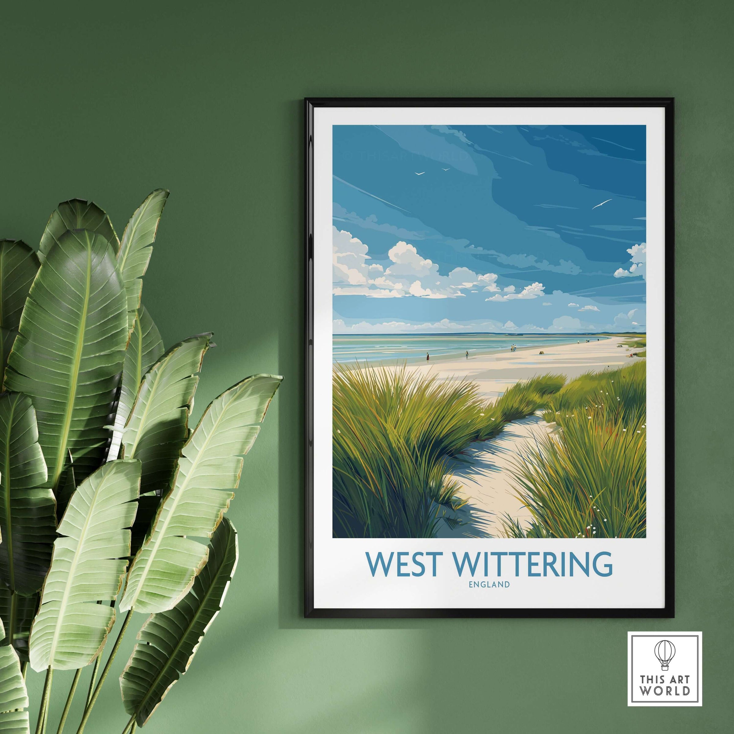 West Wittering Print - Sussex Grass Dunes Poster - English Coast Wall Art displayed in a stylish frame.