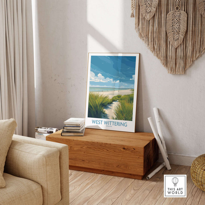 West Wittering Print showcasing grass dunes and coastal view in a stylish interior setting.