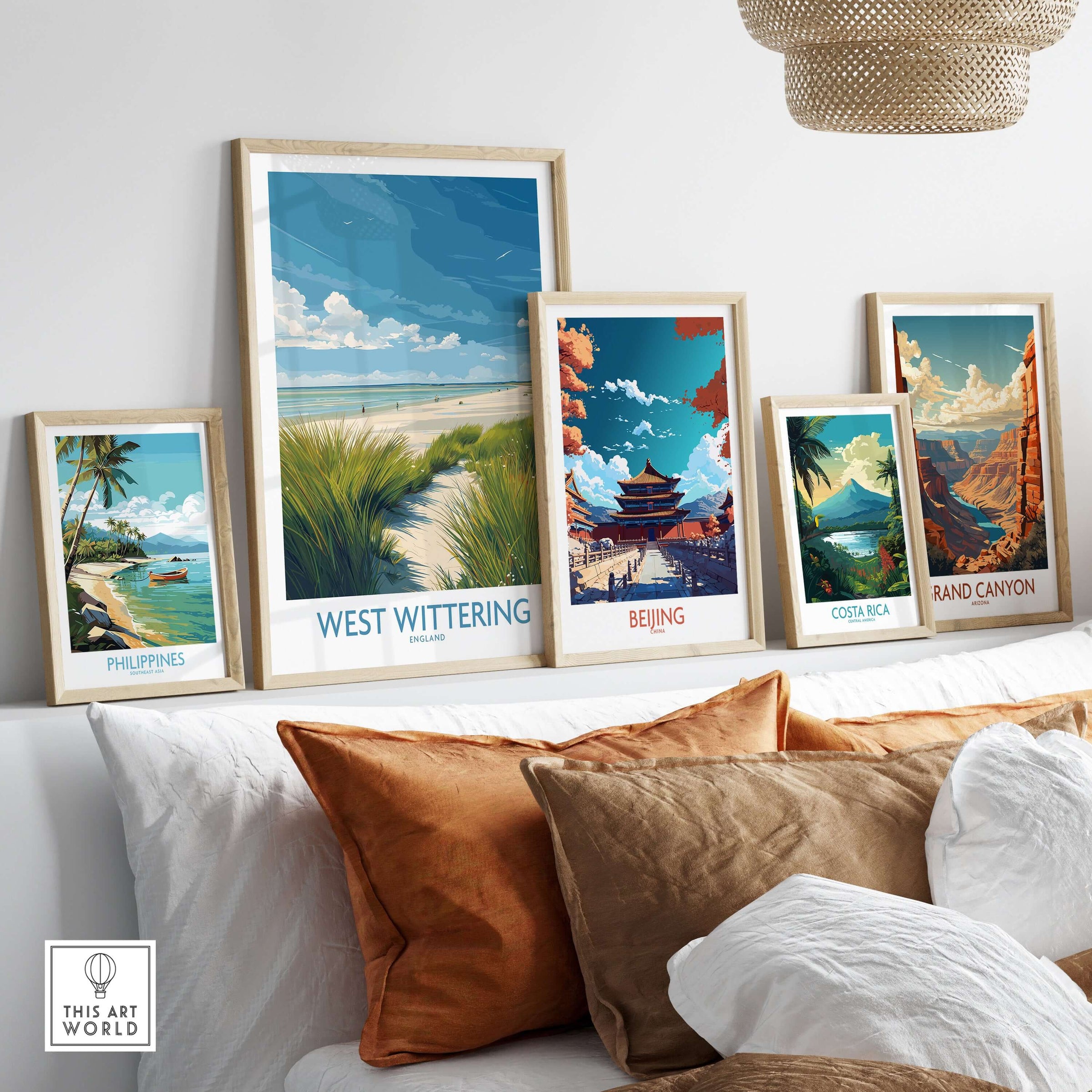 West Wittering Print - Sussex Grass Dunes Poster - English Coast Wall Art displayed among various travel-themed posters.