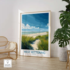 West Wittering Print - Sussex Grass Dunes Poster - English Coast Wall Art featuring grass dunes and a serene beach scene.