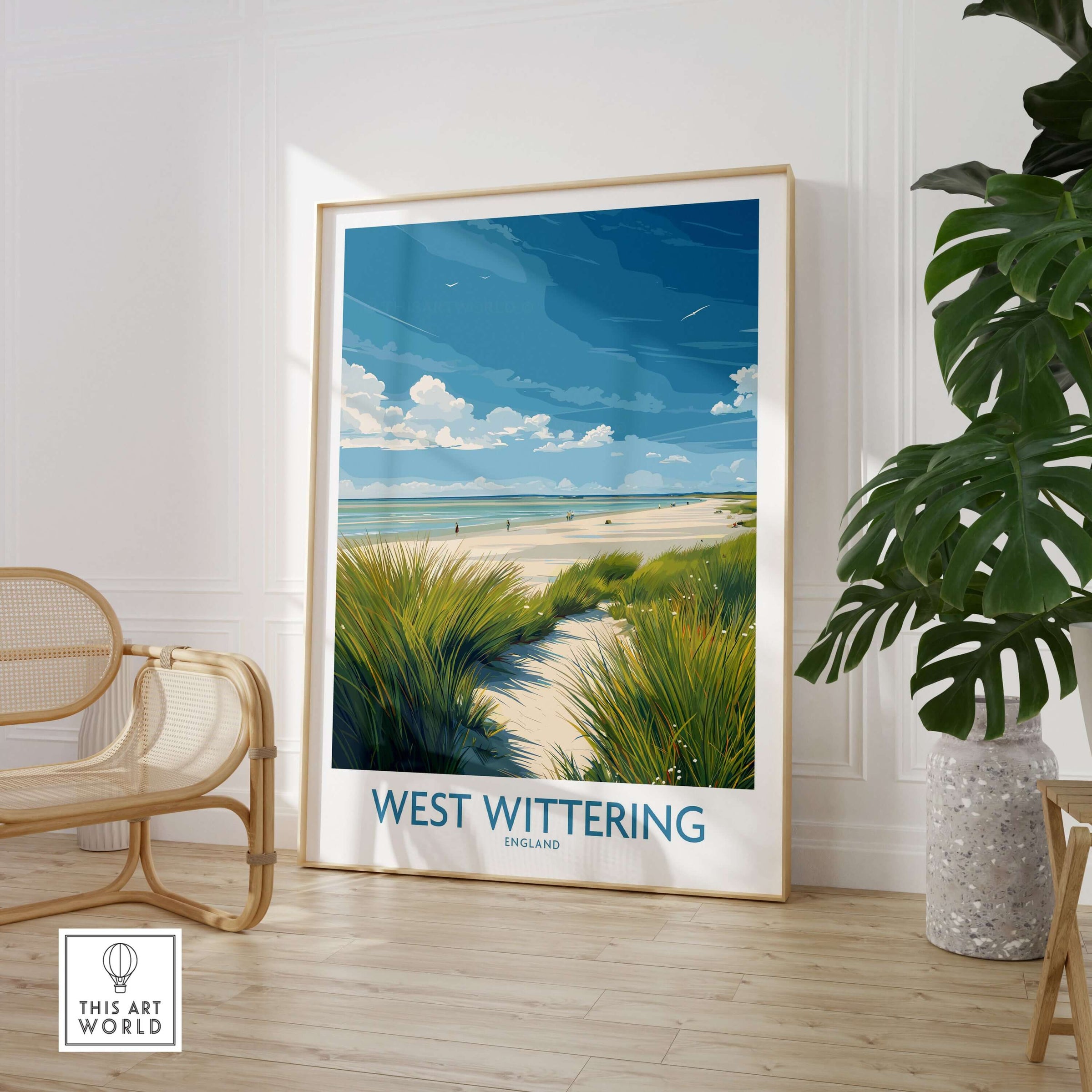 West Wittering Print - Sussex Grass Dunes Poster - English Coast Wall Art featuring grass dunes and a serene beach scene.
