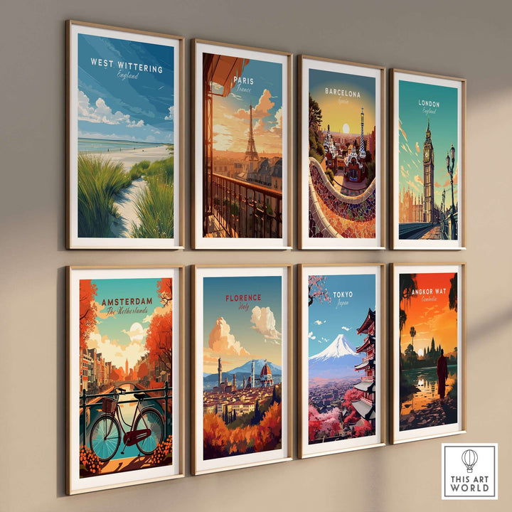 Gallery of travel posters including West Wittering, Paris, and London, showcasing minimalist coastal and city designs.
