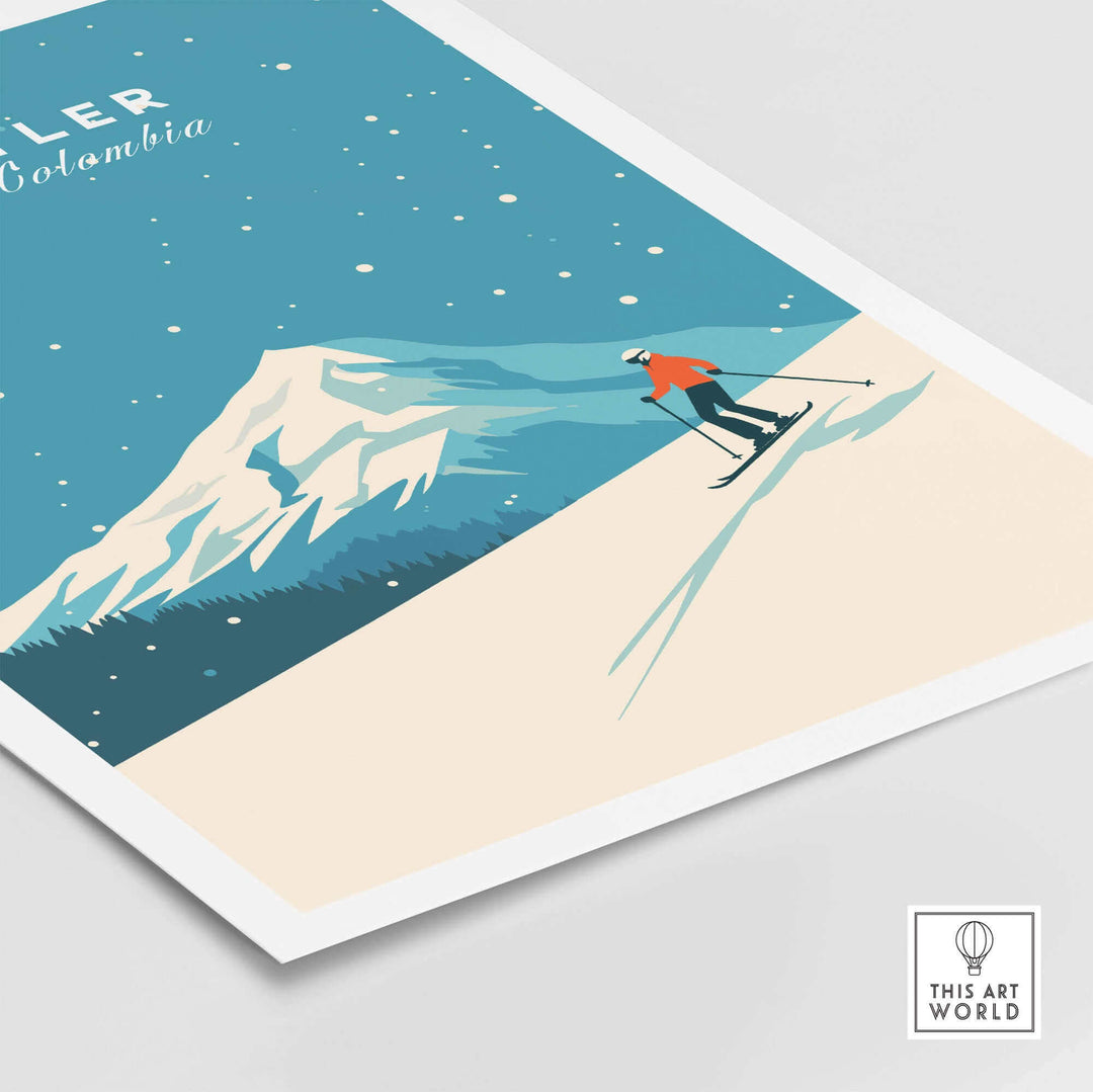 Whistler Ski Poster featuring skier on snowy mountain with blue sky background. Perfect decor for ski enthusiasts.