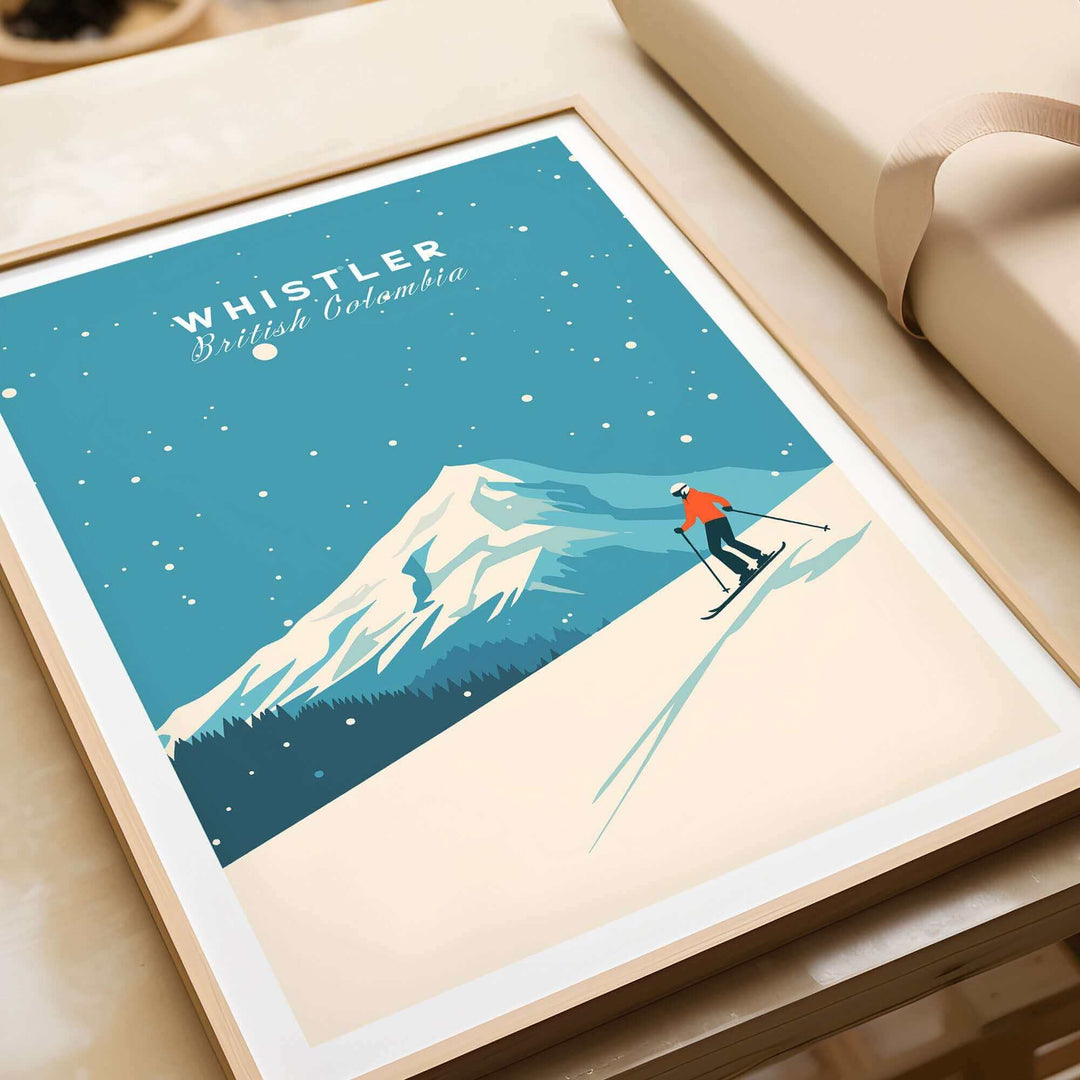 Vintage-style Whistler ski poster featuring a skier on a snowy slope with mountains and night sky in the background.