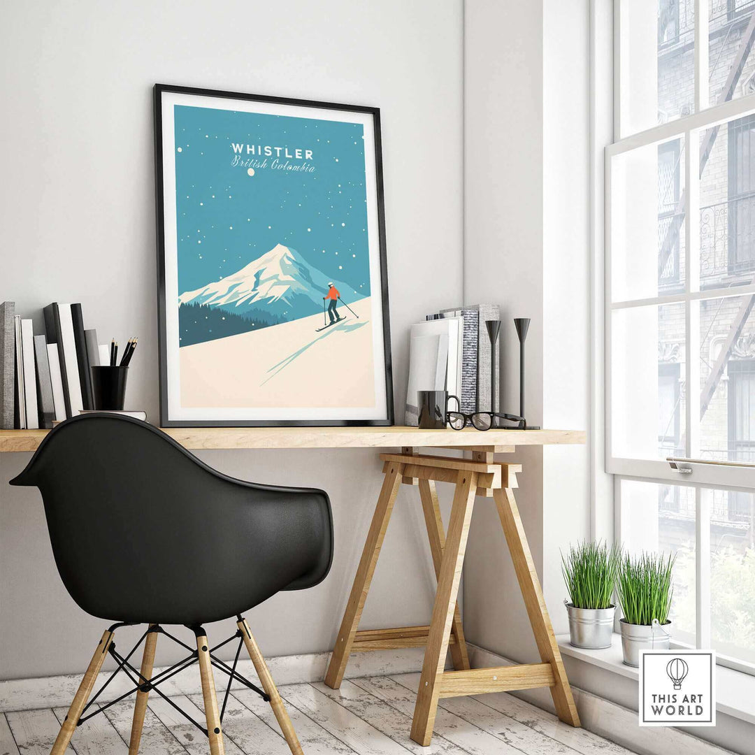 Modern room with Whistler Ski Poster on the wall, showcasing snowy mountain scenery and skiing, perfect for winter sports enthusiasts.