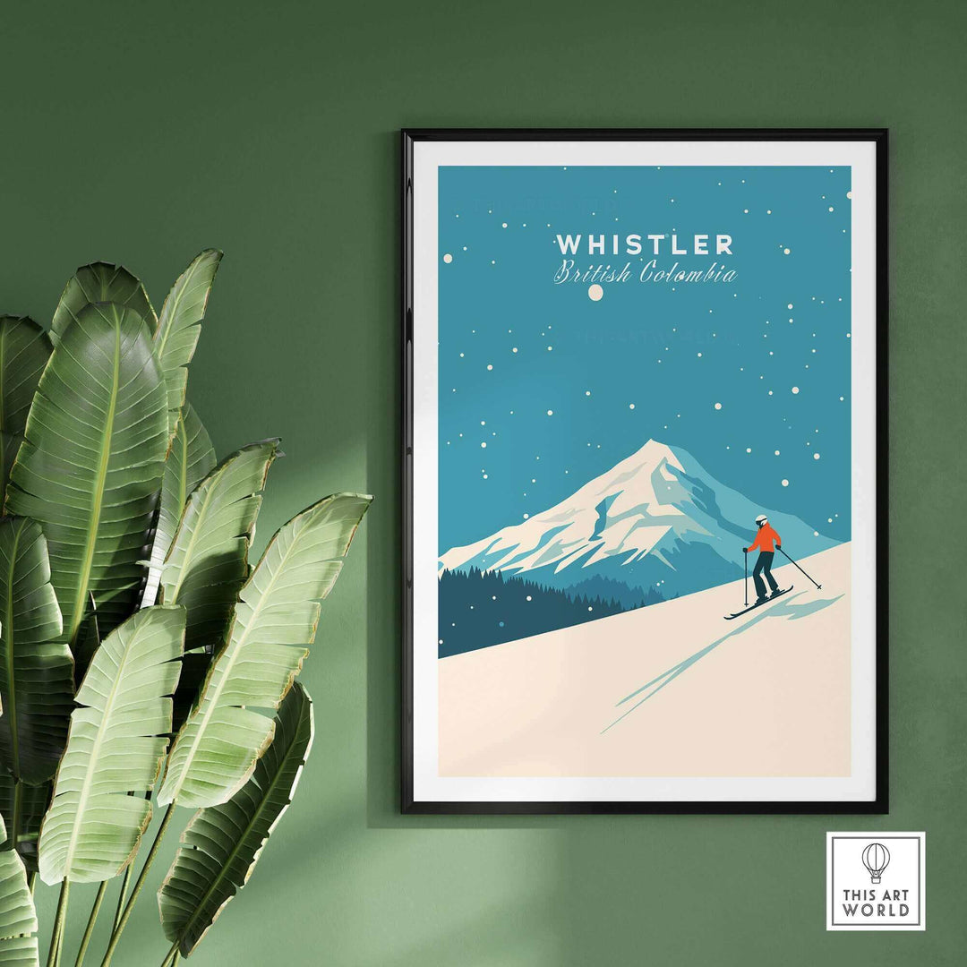 Whistler Ski Poster featuring a skier on a snowy mountain under a starry sky, framed and displayed against a green wall.