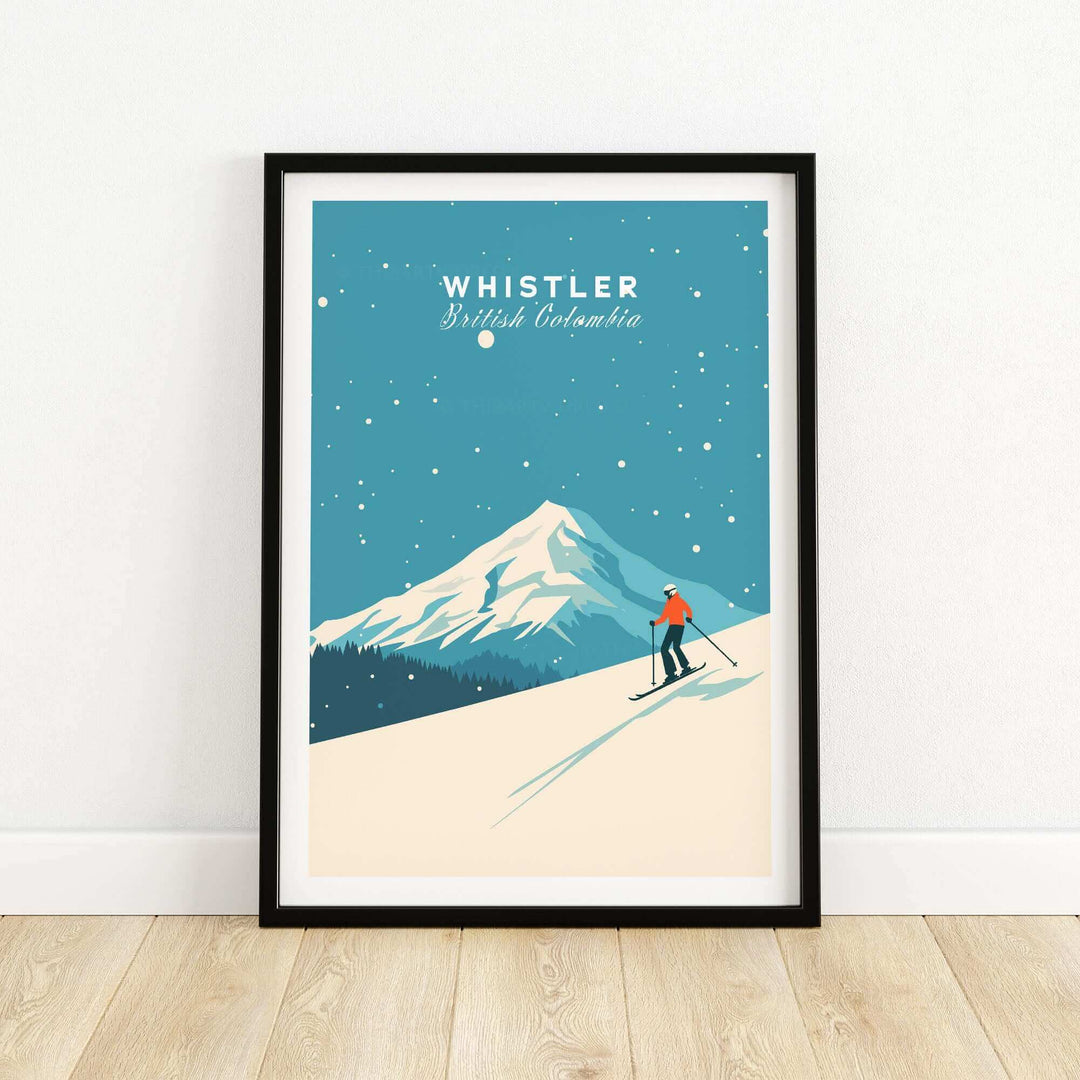 Whistler Ski Poster featuring a skier on a snowy mountain landscape under a starry sky, perfect for ski enthusiasts and decor.