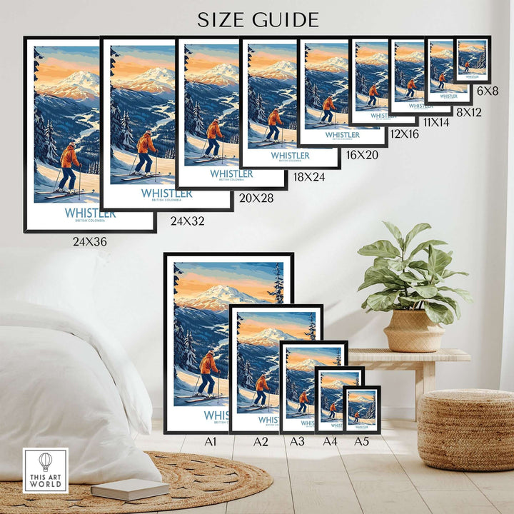 Size guide for Whistler Ski Print showcasing various frame dimensions in a stylish home setting.