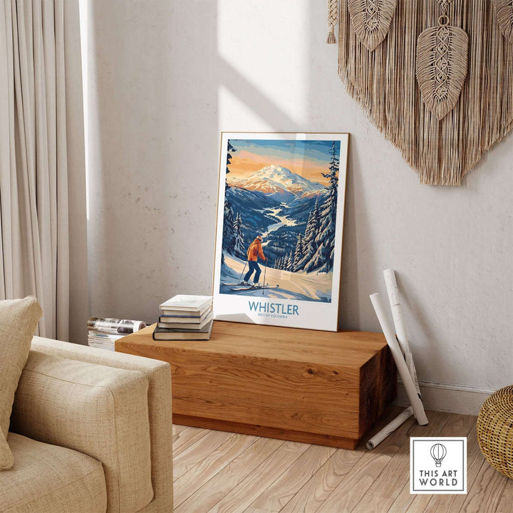 Whistler Ski Print displayed in a cozy living room, showcasing British Columbia’s stunning ski scenery and vibrant colors.