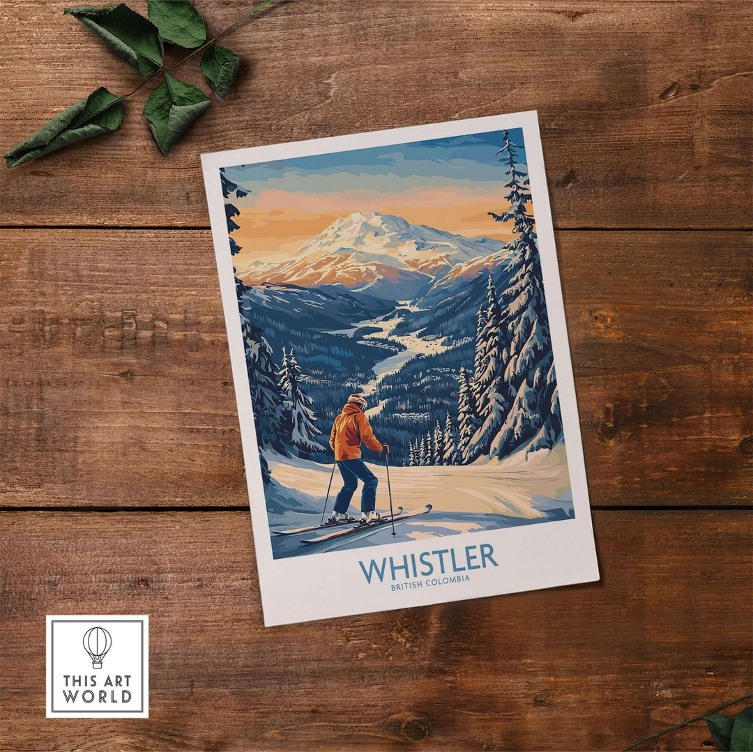 Whistler Ski Print showcasing skier on snowy slopes with mountains in the background, British Columbia wall art.