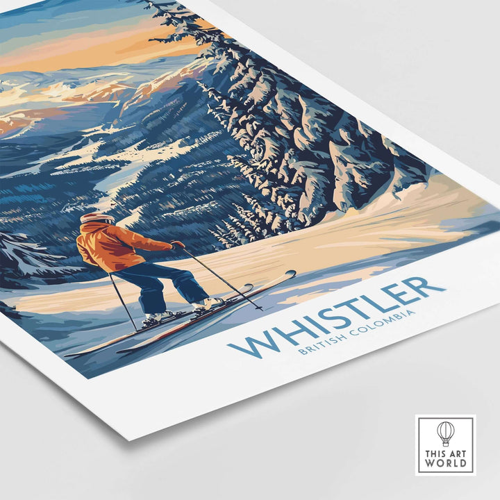 Whistler Ski Print featuring a skier on snowy slopes in British Columbia, showcasing stunning mountain scenery and vibrant colors.