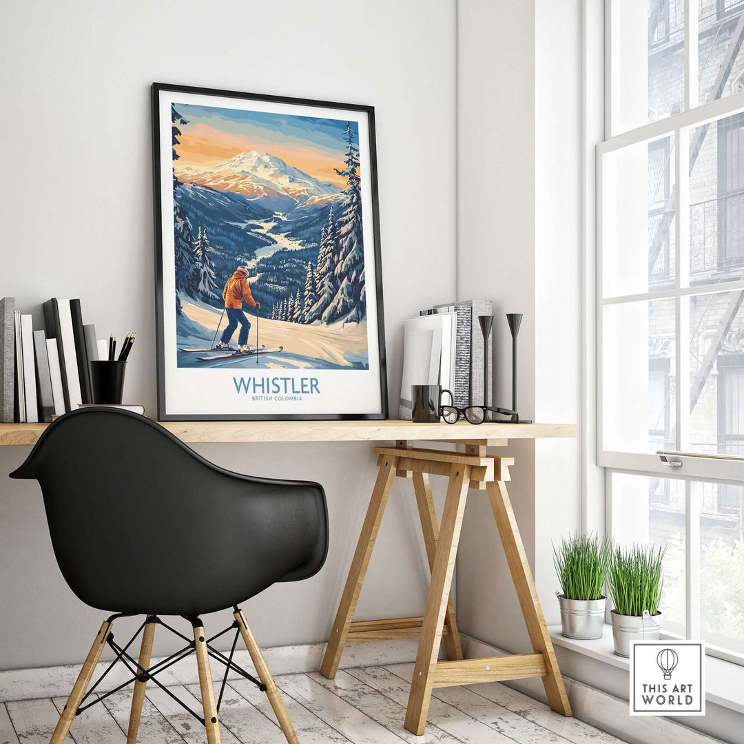 Whistler Ski Print art displayed in a modern workspace, showcasing British Columbia's stunning slopes and ski scenery.