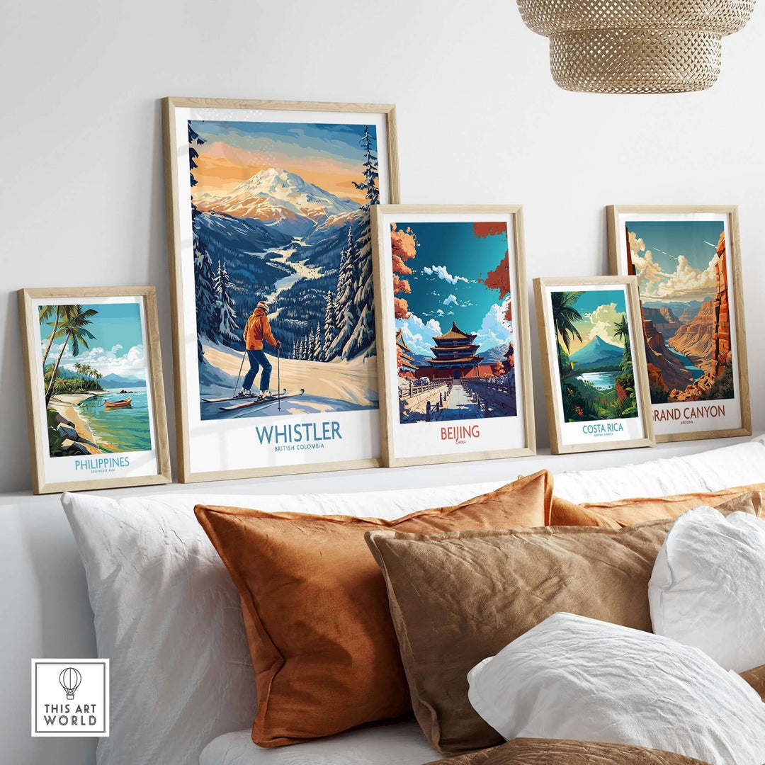 Whistler Ski Print and travel posters displayed in a stylish living room setting, showcasing stunning landscapes and adventure themes.