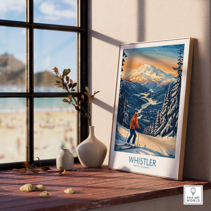 Whistler Ski Print displayed in a bright room, highlighting British Columbia's stunning slopes and ski scenery.