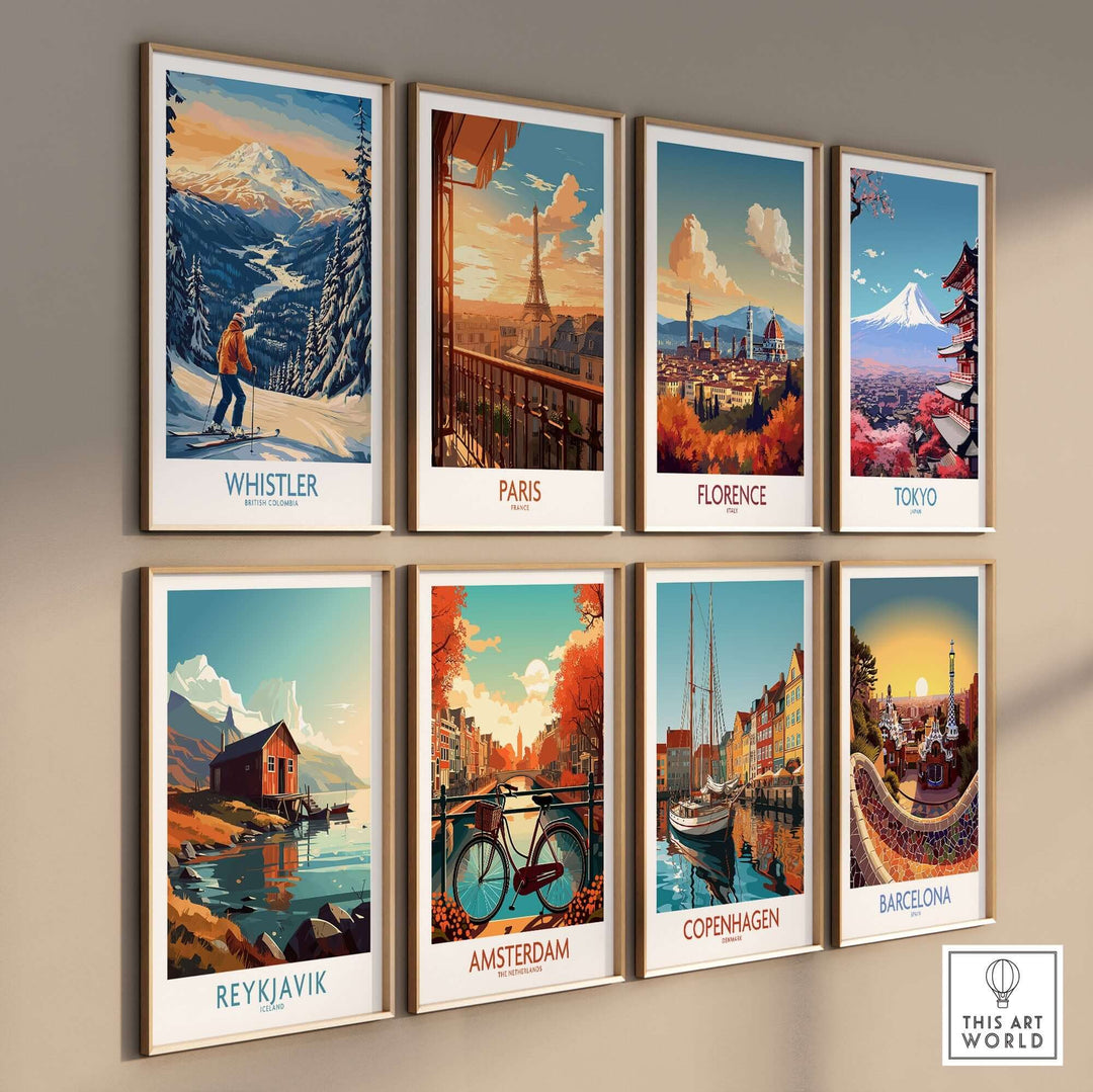 Whistler Ski Print and cityscape wall art featuring Paris, Florence, Tokyo, Reykjavik, Amsterdam, Copenhagen, and Barcelona.