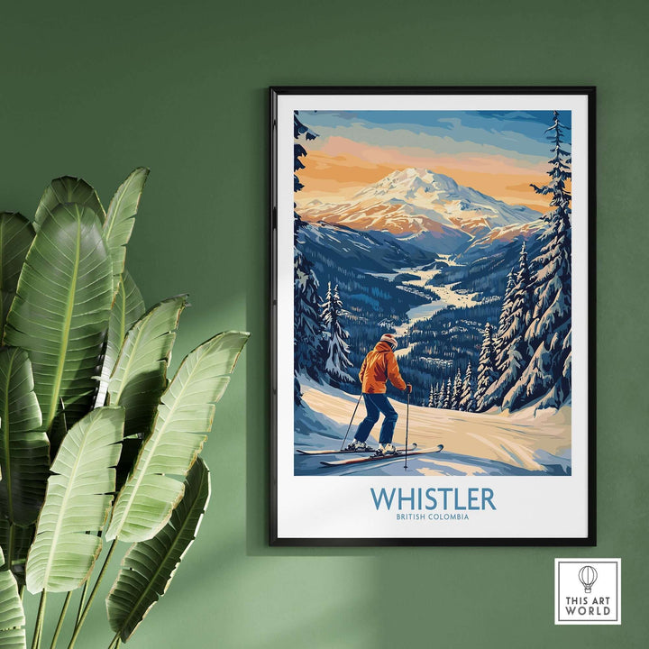 Whistler Ski Print showcasing skier on beautiful slopes in British Columbia, perfect wall art for ski lovers.