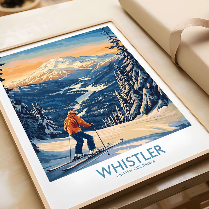 Whistler Ski Print showcasing stunning British Columbia slopes with a skier enjoying the breathtaking scenery.