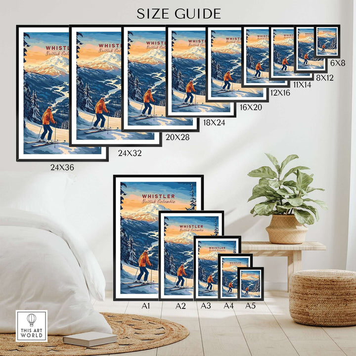 Size guide for Whistler Travel Poster showcasing various frame options and dimensions in a stylish home setting.