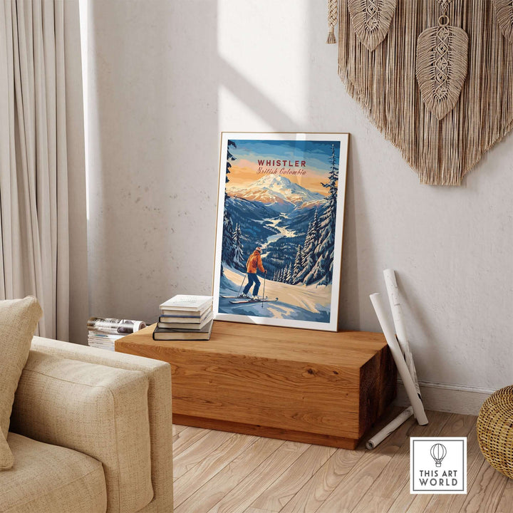 Whistler Travel Poster showcasing British Columbia mountains and skiing, displayed in a cozy living room setting.