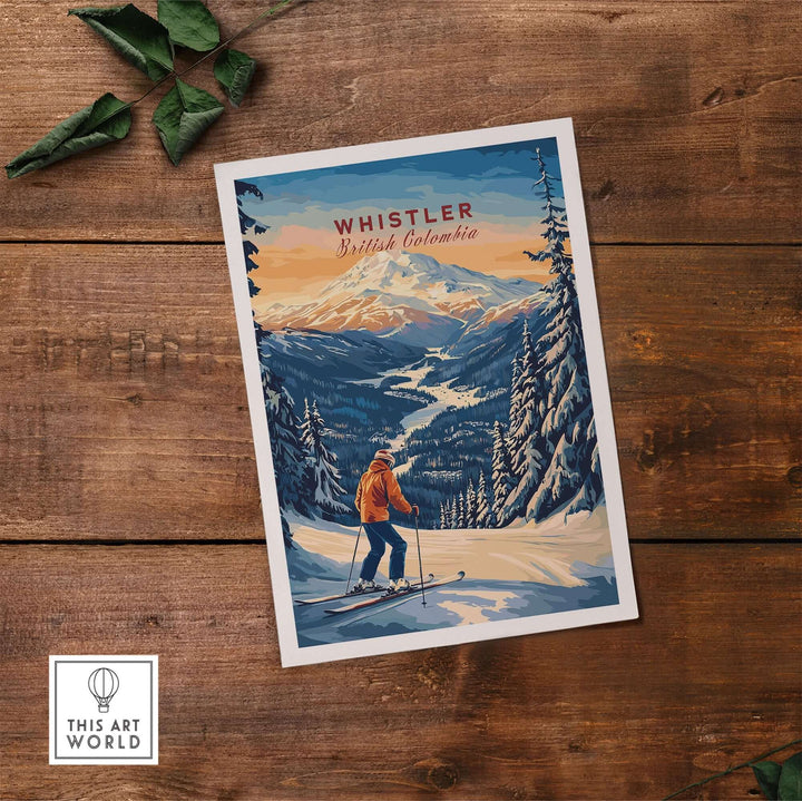 Whistler travel poster featuring a skier in British Columbia, showcasing scenic mountains and snow-covered trees.