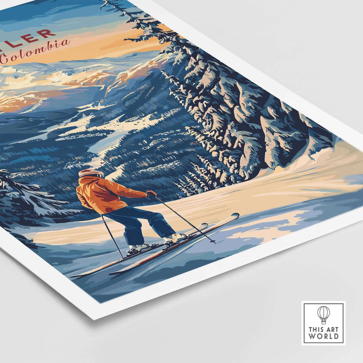 Whistler Travel Poster showcasing a skier in British Columbia’s snow-covered mountains with vibrant colors. Perfect for ski enthusiasts.