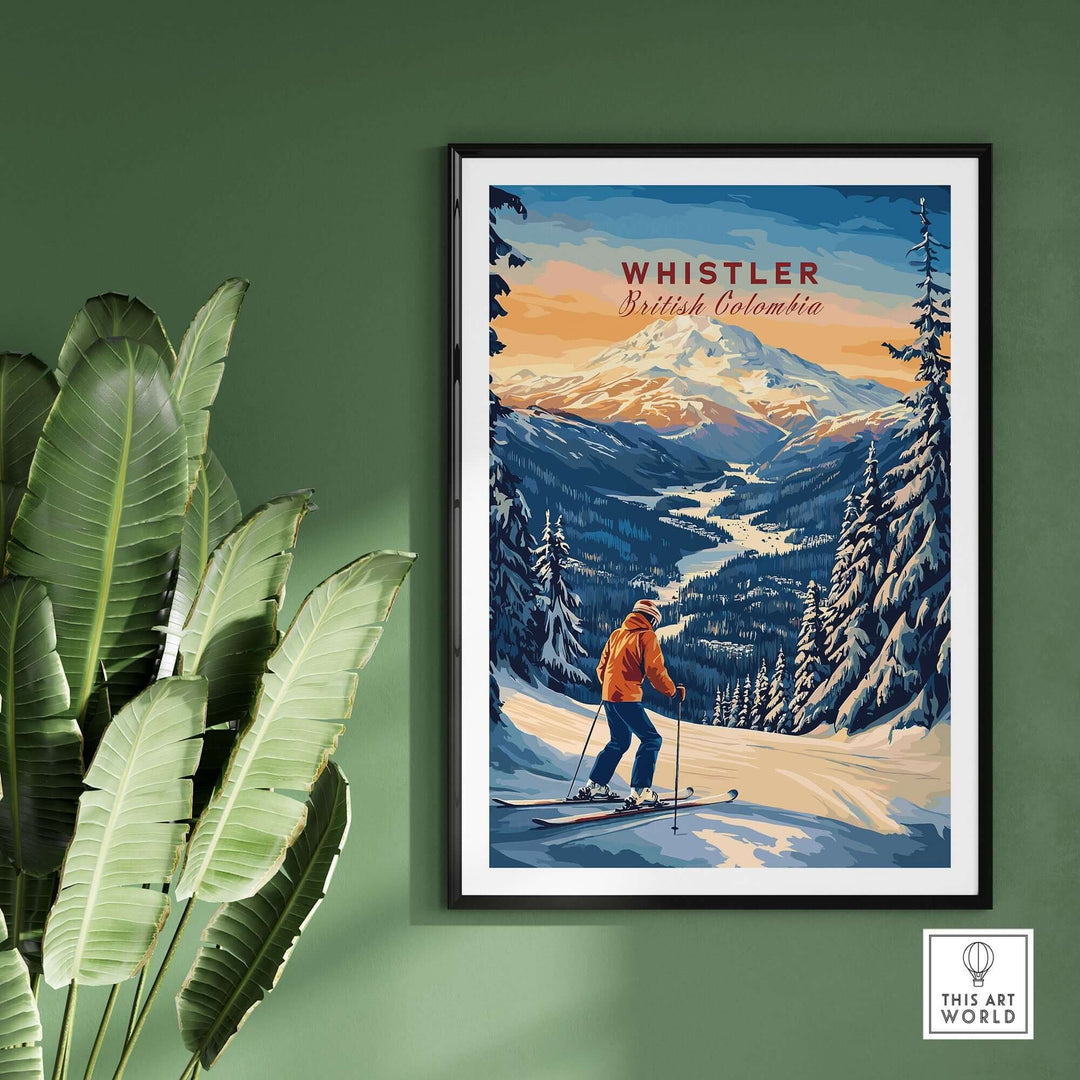 Whistler travel poster showcasing a skier in British Columbia's snowy mountains, perfect for home decoration.