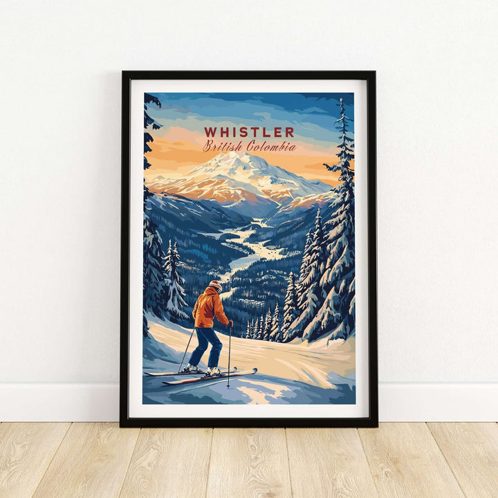 Whistler travel poster depicting a skier in British Columbia, showcasing beautiful snowy mountains and winter scenery.