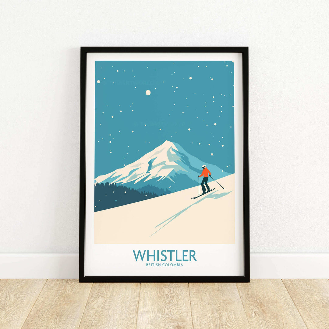 Whistler Wall Art Print featuring a ski scene in British Columbia, perfect ski poster decor for winter sports enthusiasts.