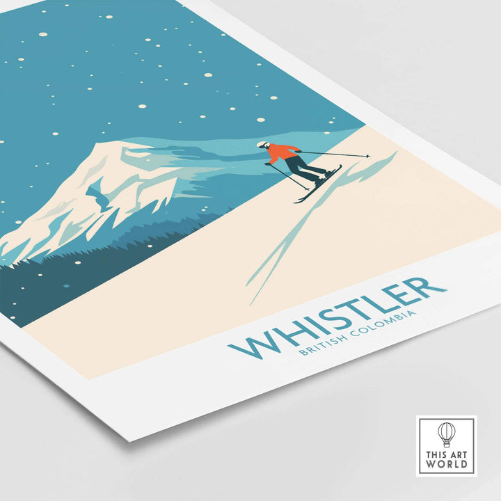 Whistler Wall Art Print featuring a skier on snowy slopes in British Columbia, designed as a vintage-style ski poster.