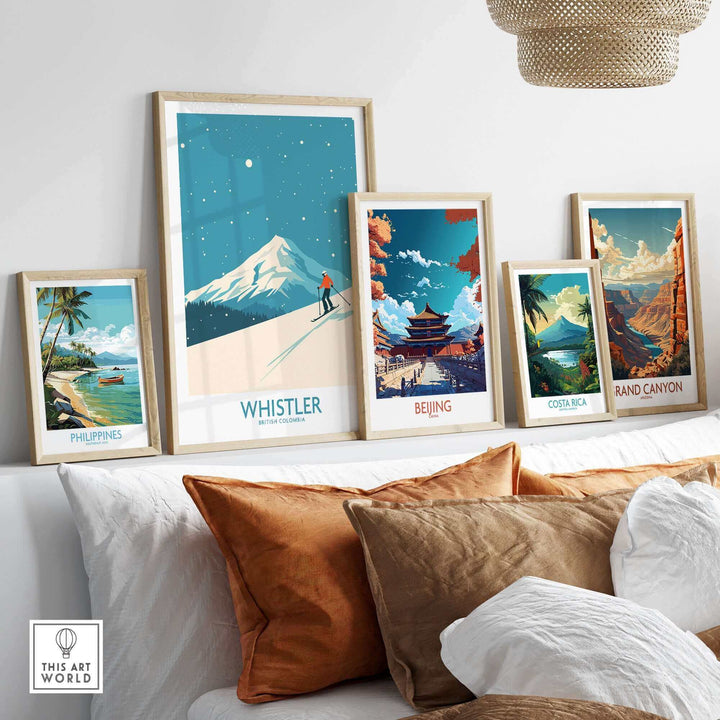 Whistler wall art print featuring a ski poster theme alongside additional travel prints for Beijing, Philippines, Costa Rica, and Grand Canyon.