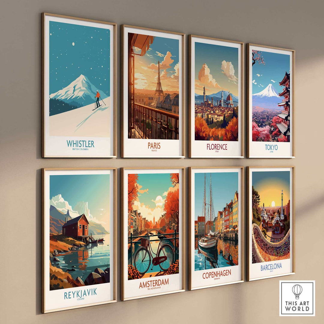 Gallery of travel poster prints featuring Whistler, Paris, Florence, Tokyo, Reykjavik, Amsterdam, Copenhagen, and Barcelona.