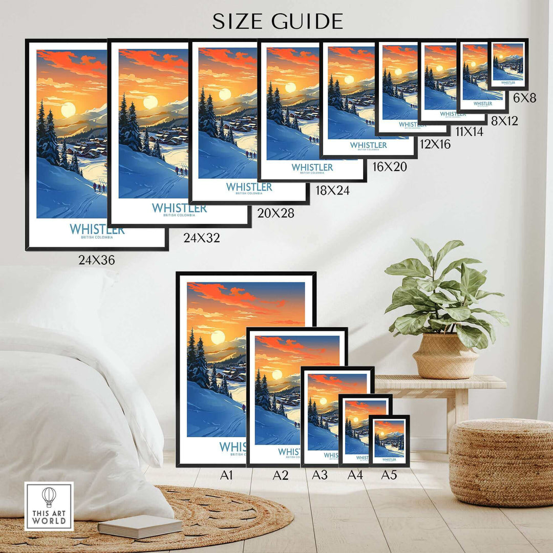 Whistler Wall Art Ski Poster size guide featuring multiple framed options displayed on a wall in a cozy living space.